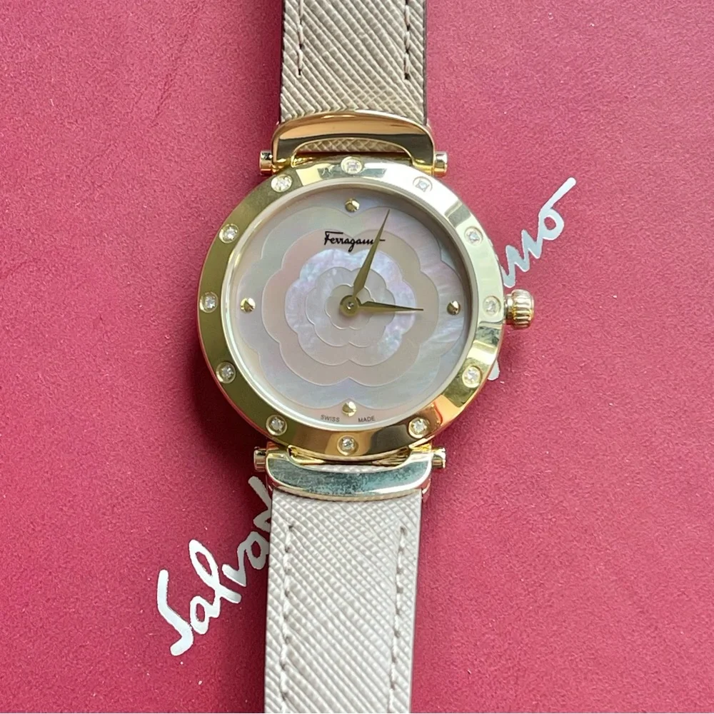 Salvatore Ferragamo Style Ladies Quartz Watch Pink Mother of Pearl Dial